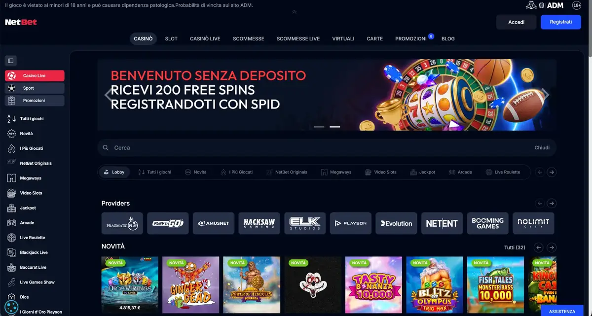 Lobby del casinò italiano NetBet; le promozioni visibili possono essere cambiate